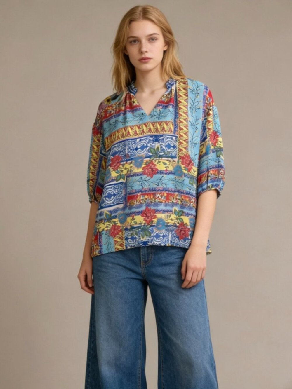 NWOT Johnny Was Silk Multicolor Floral Short Sleeve Blouse Size S